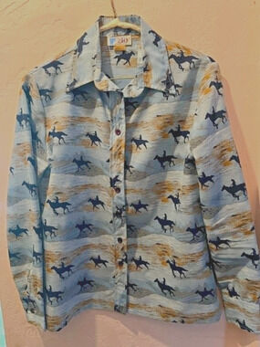 Vintage 70s Zio Designs by Youngja Western Horse Shirt Med Blues